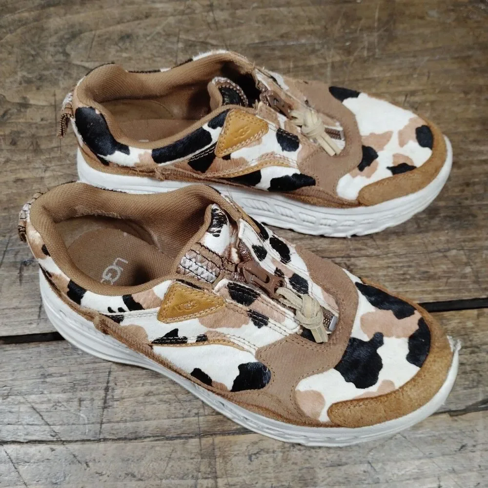 Ugg Sneakers 7.5 Cow Print 1120717 Brown Black Cream Zip Shoes Suede Platform
